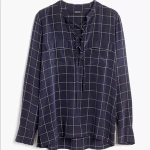 Madewell Silk Lace-Up Shirt in Windowpane Plaid